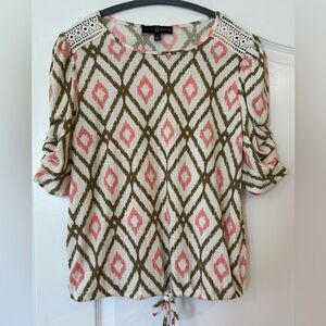 EUC Fred David Waist Tie Blouse with Crochet Knit Shoulder Detail